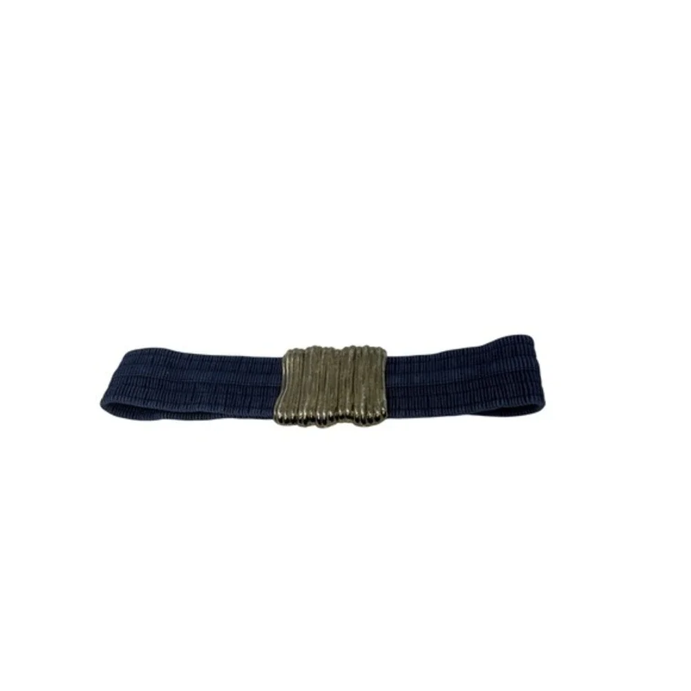 Vintage Navy Blue Elastic Cinch Belt Gold Tone Textured Sculptural‎ Buckle Retro